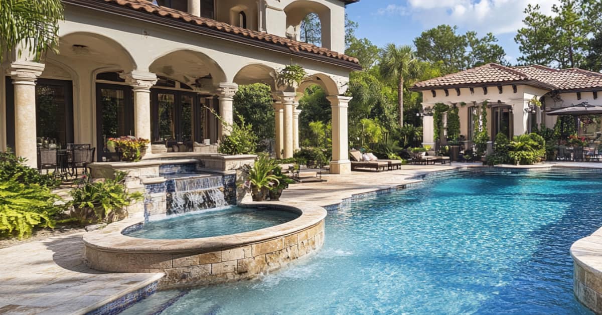 Mediterranean-style luxury pool with stone fountain and travertine deck